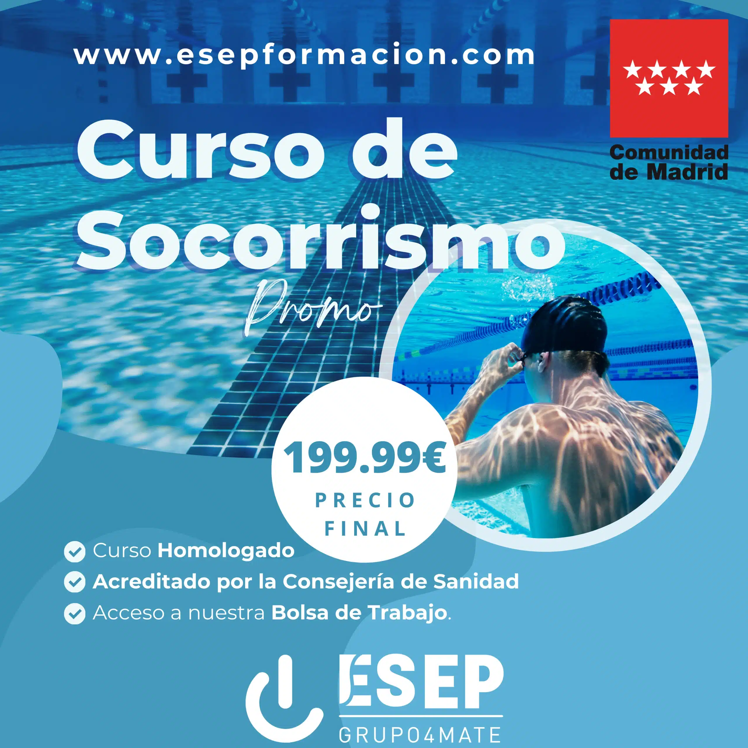 Oferta Curso de Socorrismo 199,99€. Homologado y acreditado por la Consejería de Sanidad de la Comunidad de Madrid.